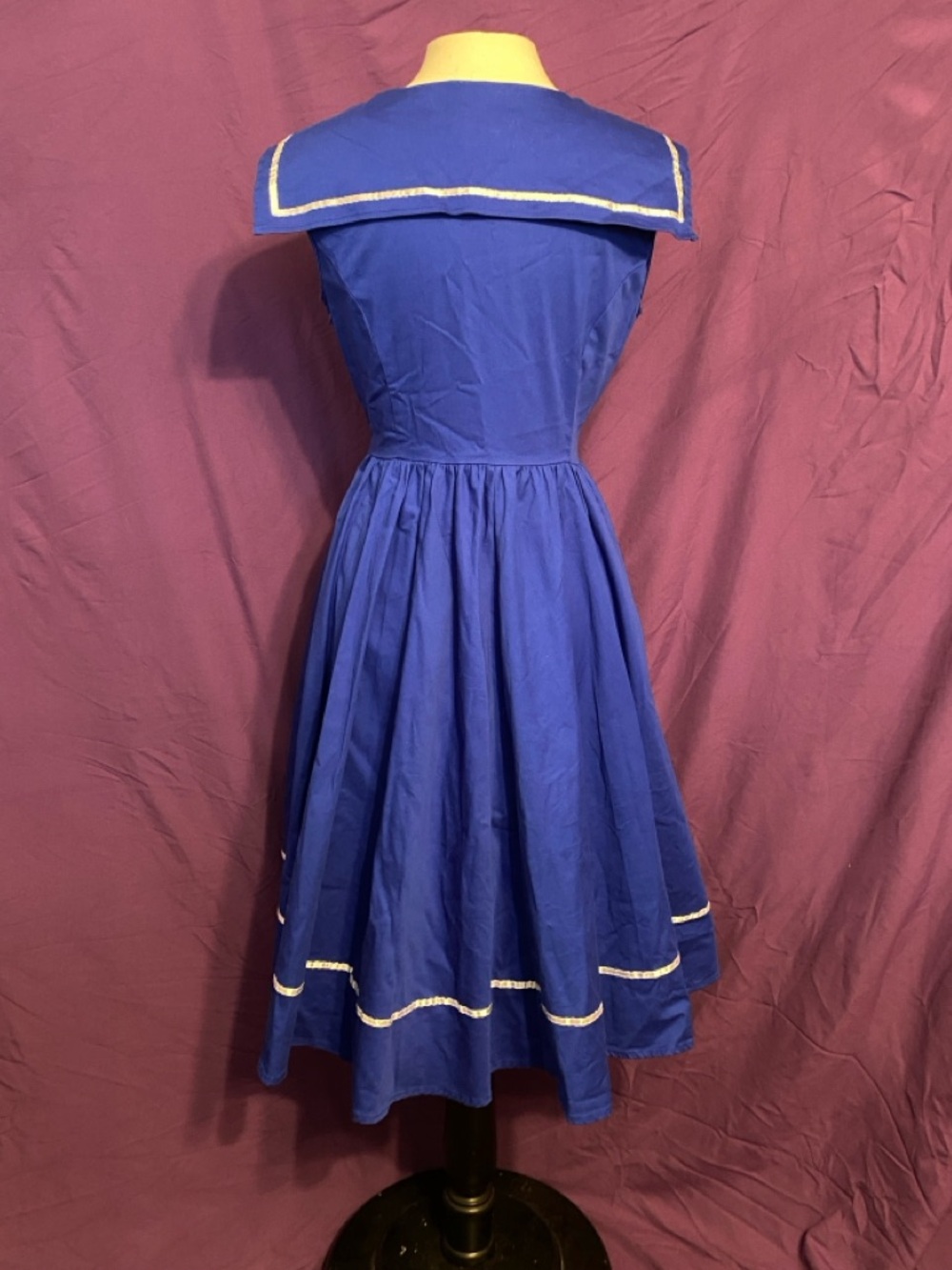 Blue Sailor-Style Fit & Flare Dress with Red Bow. Size 12. - Picture 3 of 7